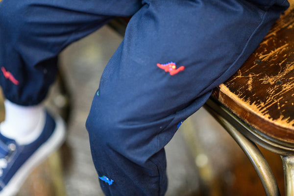 boy's leg wearing navy joggers with dinosaurs