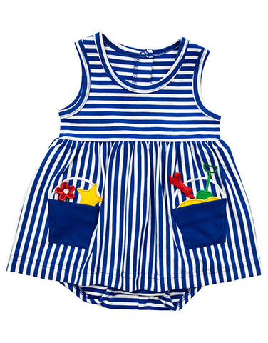 stripe blue onesie dress for girls with bucket pockets