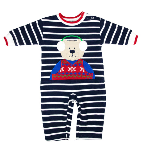 navy stripe longall with bear in sweater and earmuffs