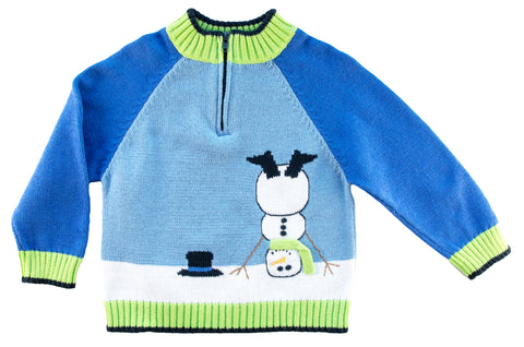 blue and green sweater with cartwheeling snowman