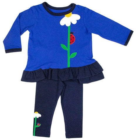 blue top with flower and ladybug and matching leggings