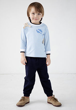 young boy in blue and white stripe long sleeve shirt and matching pants