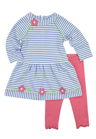 flat of a girls blue and white stripe dress with pink flowers and matching pink leggings