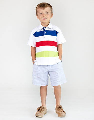 boy in colorblock polo and seersucker shorts