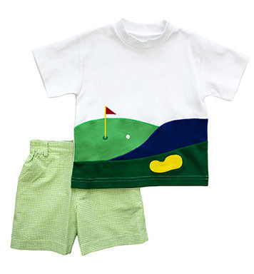 flat of golf themed shirt and shorts
