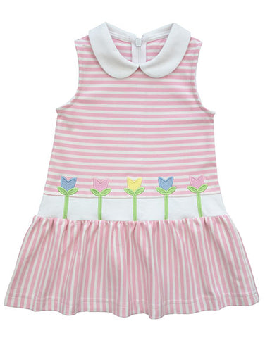 Pink stripe dress with tulips for girls