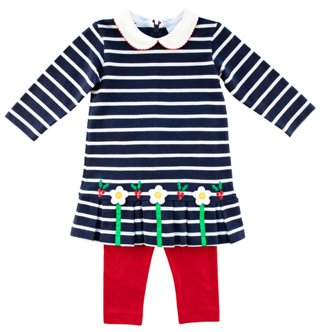 navy stripe dress with flowers and red leggings
