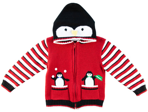 zip up sweater with penguin hood and striped sleeves